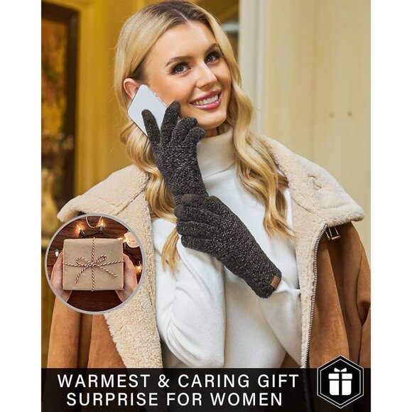 Women's Coffee Chenille Stretchy Elastic Cuff Knit Winter Cold Weather Gloves - Picture 6 of 6